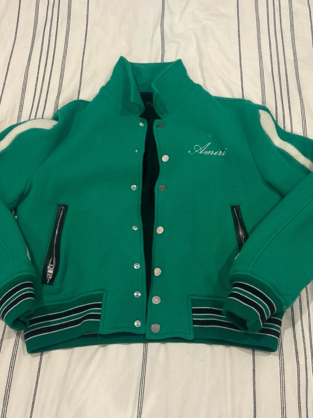 AMIRI Green Varsity Bomber Jacket with White Accents